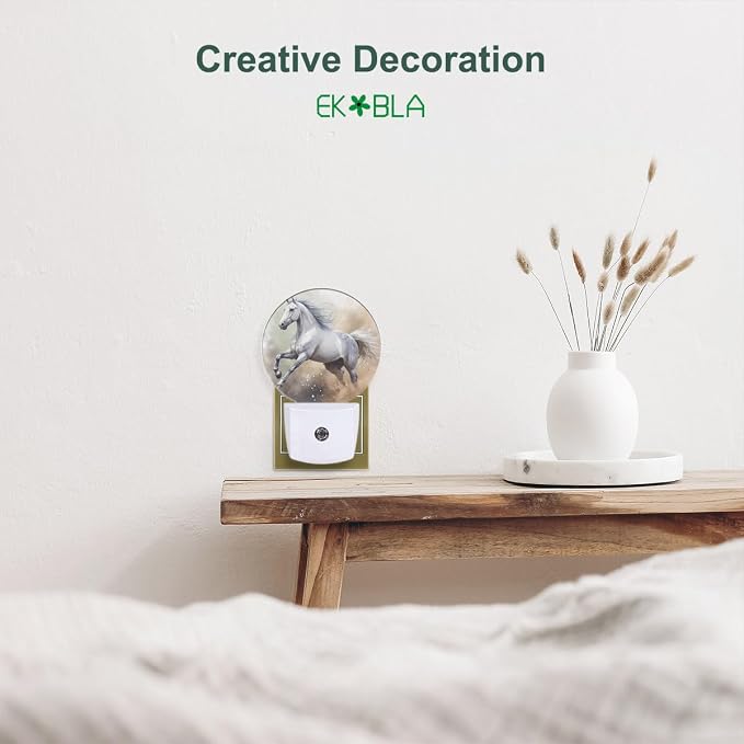 EKOBLA Running Horse Night Light, White Horse Night Lights Plug Into Wall with Dusk to Dawn Light Sensors, Warm Nightlights for Bedroom, Bathroom, Hallway, Kitchen