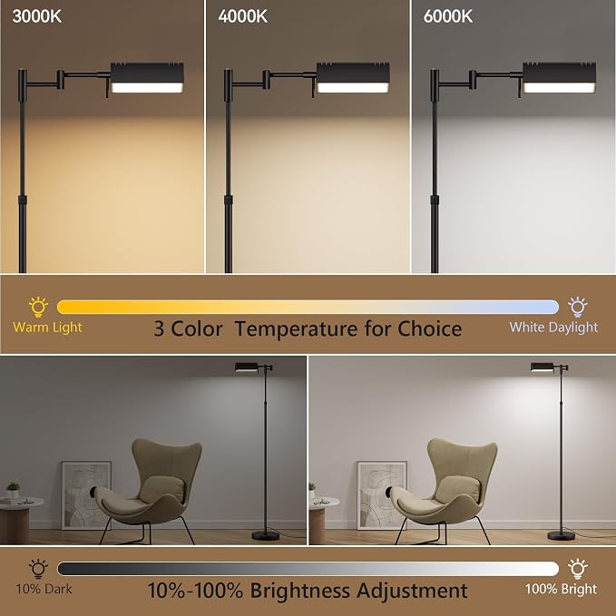 SUNMORY Dimmable LED Pharmacy Floor Lamps, 16W/1500LM Bright Reading Lamp | Remote Touch Control, 350°Swing Arm, Adjustable Height, Task Craft Tall Standing Light for Living Room Bedroom Office, Black