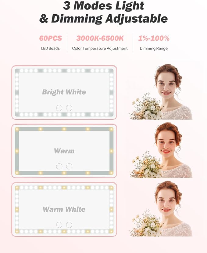 JOYTUTUS Car Sun Visor Vanity Mirror, Car Mirror with 3 Light Modes & 60 LEDs, Rechargeable, Touch Control, Universal Fit
