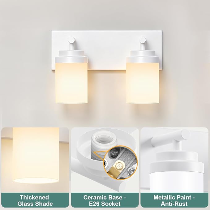 IZORRO Bathroom Vanity Light Fixture, 2-Light 15 Inch White Bathroom Light Fixtures Over Mirror, with White Glass Shade, Modern Farmhouse Vanity Lights, Rustic Restroom Lighting Fixtures