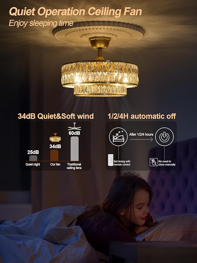 Gold Fandelier Ceiling Fan with Light,20" Crystal Chandelier Ceiling Fans with Lights and Remote Control,Modern Caged Flush Mount Fandelier with 6 Speeds for Living Room Bedroom Nursery