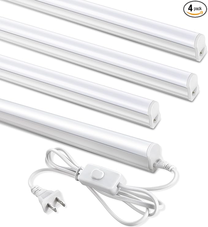 (4 Pack) 4FT T5 LED Shop Light,6500K,20W,2300LM(Super Bright White) Linkable LED Integrated Fixture,Garage Ceiling and Cabinet Light,Strip Light,Corded Electric with ON/Off Switch