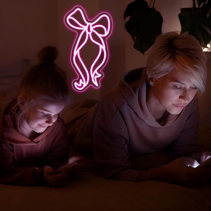 Bow Neon Sign - JGHTURIE Neon Signs for Wall Decor, Pink Bow Ribbon Light up Signs for Room, Bar, Party, Home Decor, Led Sign - USB Powered