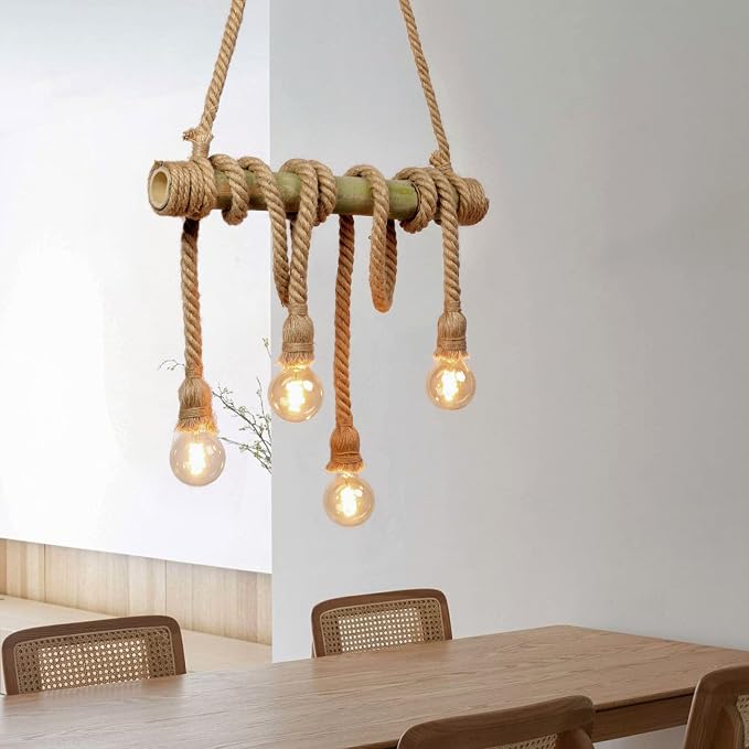 Arturesthome 4 Heads Hemp Rope Ceiling Pendant Light, Vintage Bamboo Chandeliers Decoration, Rustic Industrial Hanging Lamp for Bedroom Restaurant Cafe Bar