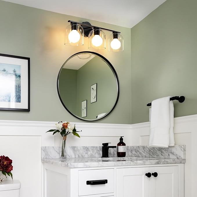 WOSHITU Bathroom Vanity Light Fixtures: 23.3 Inch Modern Matte Black Bathroom Lighting Fixtures Over Mirror with Clear Glass Shade, 3 Light Vanity Lighting Fixtures Wall Lights Over Mirror