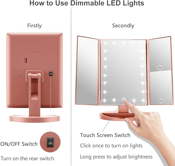WEILY Makeup Mirror with 21 LED Lights,Two Power Supply Modes | Touch Screen and 1x/2x/3x Magnification Tri-Fold Vanity Mirror for Makeup Desk(Rose Gold)