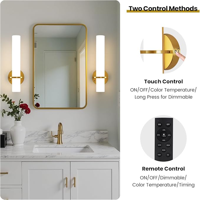 AIJIASI Battery Operated Gold Wall Sconces - 15 Inch Modern Sconce Wall Lighting 3000K-6000K Dimmable LED Wall Sconces Set of Two, Indoor Bathroom Sconce for Living Room Bedroom Hallway Stairway