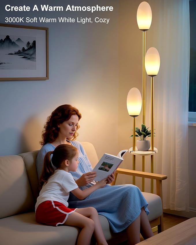Lightdot Gold Dimmable Floor Lamp with Table, 63IN Mid-Century Oval Floor Lamps with Bulbs Included, 3-Lights Modern Tall Standing Lamp with 5Lbs Heavy Base for Living Room/Sofa Beside/Corner Decor