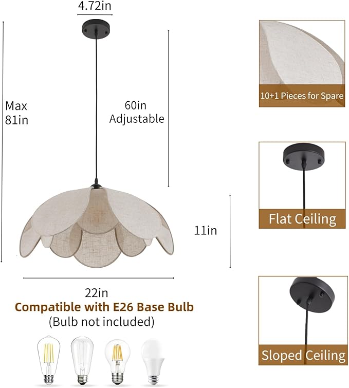 Large Linen Chandelier Fixture, 22in Rattan Chandelier Fixture, Woven Boho Coastal Pendant Lights, Wicker Hanging Ceiling Lights for Dining Room, Kitchen Island, Living Room, Bedroom