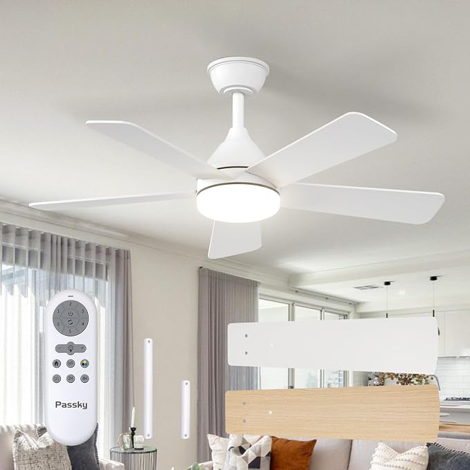 Passky 42 Inch White Sleek Ceiling Fans with Lights, Remote Control | 3-color dimmable light, quiet reversible DC motor, easy install, memory, Timer, bedroom, covered outdoor areas