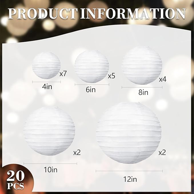 20Pcs White Paper Lanterns for Parties, 6” 8” 10” 12” Chinese Asian Hanging Round Paper Lanterns for Birthday Wedding Halloween Christmas Home Decor Party Decor