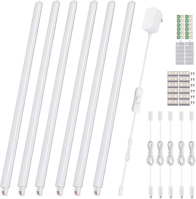 Cefrank Under Cabinet Lighting, 6-Pack 12" Linkable LED Light Bars 3000K | Warm White 1200LM • Plug-in • CRI90+ • Frosted Lens • Pantry • Bookshelf • Workbench
