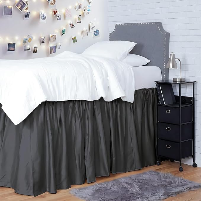 Shreem Linen Dorm Bed Skirt Twin XL, 42 Inch-Drop, 100% Microfiber Extra Long Bedskirt, Dark Grey