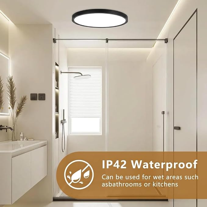 Dimmable 12Inch LED Flush Mount Ceiling Light, 24W, 2520LM, 2700K/3000K/4000K/5000K/6000K CCT Selectable,LED Round Flat Panel Light Dimmable from 5% to 100% for Bedroom,Kitchen,Hallway, Black 12PK