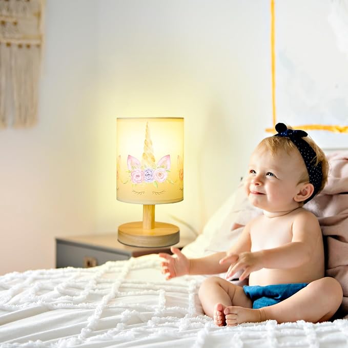 Unicorn Kids Table Lamp for Bedroom Kids Bedside Lamp with Linen Wooden Nightstand Cartoon Nursery Lampshade for Girls Boys Living Room