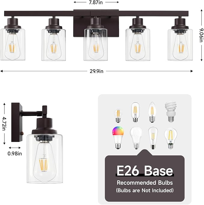 5-Light Oil Rubbed Bronze Bathroom Light Fixtures,30" Vanity Light | Modern Bronze Bathroom Lighting with Clear Glass Shades,Bathroom Wall Sconece over Mirror Sink Cabinet