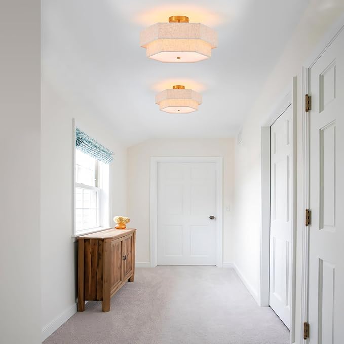 18" Large Gold Semi Flush Mount Ceiling Light, 3-Light Fixture | Beige Linen Double Hexagonal Shade, Modern Gold Finish For Bedroom, Dining, Living, Hallway, Entryway; Close-To-Ceiling, E26