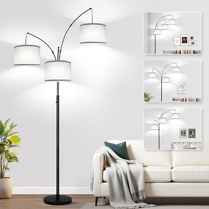 Dimmable Floor Lamp, 3 Lights Arc Floor Lamps for Living Room, Modern Tall Standing Tree Lamp with Gray Linen Shade & Heavy Base, Large Floor Lamp for Bedroom Office, 3x1000 LM LED Bulbs Included