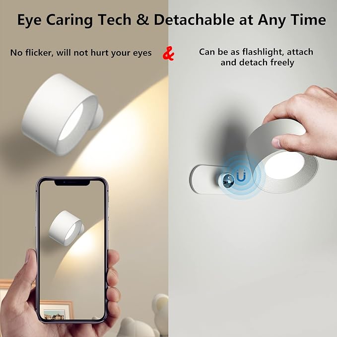 Battery Operated Wall Light, LED Lamp with 360° Adjustable Lighting Indoor 3 Color Modes Brightness Levels Touch Control, Mounted for Bedroom Reading Bedside - 1 Pack White