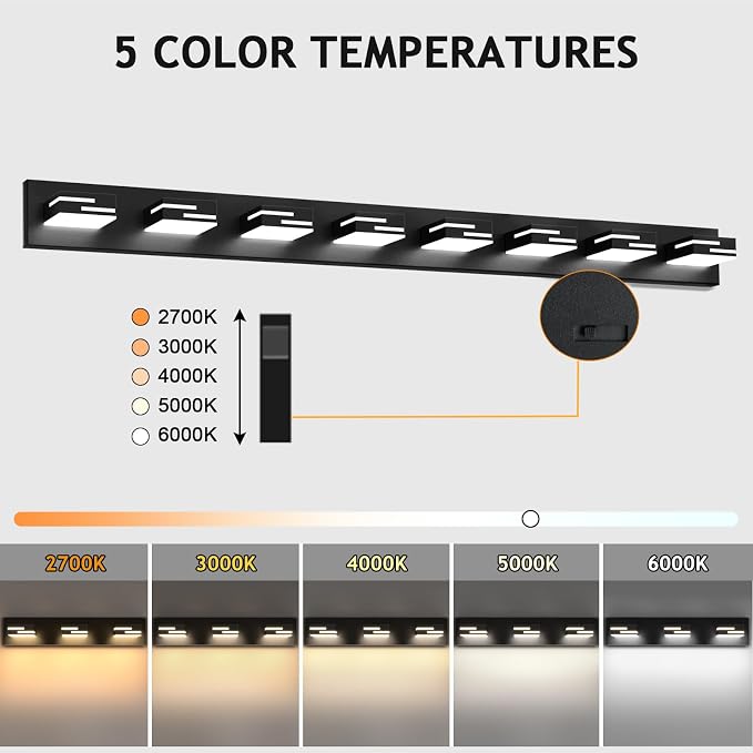 LED Modern Bathroom Vanity Light Fixtures, Dimmable Matte Black Vanity Lights for Bathroom Lighting Fixtures Over Mirror, with 360° Rotatable Acrylic Heads 8-Light 54-inch 5CCT