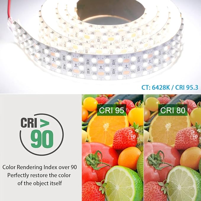 DC12V High CRI 95 White LED Strip Lights - Triple Row Daylight White 6000K 360LEDs 3528SMD Flexible LED Tape Lights For Photography, Trunk lighting(12V 6000K 1m/3.28', Non-waterproof IP20)