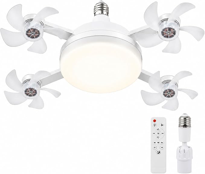Socket Fan Light, Screw in Ceiling Fan with Remote, Light Socket Fan with LED Light, 3 Speeds, 3 Color Temperatures, Foldable E27 Fan Light for Bedroom Kitchen Garage (4 Head with E27 Adapter)