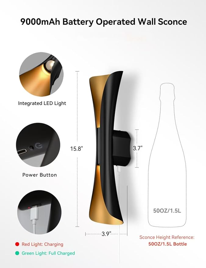 Tubicen Battery Operated Wall Sconce 9000mAh Rechargeable Up Down Wall Lights Cordless Movie Theater Sconces with Remote 2700K-5000K Dimmable Art Deco Wall Sconce for Living Room Bedroom 15.7" H