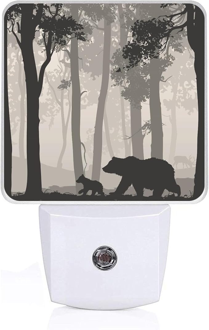 Bear Pine Tree Black Night Light, Plug-into Foggy Forest Nightlight White LED Lamp, Energy Efficient Decor Desk Lamp for Bedroom Hallway Stairs Bathroom