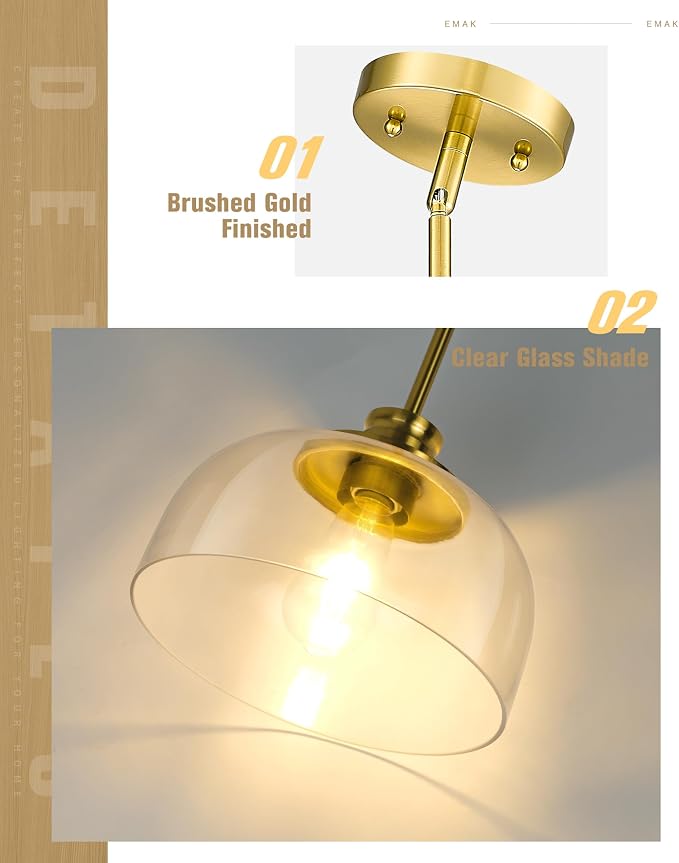Emak 10 Inch Pendant Lights Kitchen Island, Brushed Gold Pendant Light Fixtures with Clear Glass Shade, Modern Island Lights for Kitchen, Dining Room, Bathroom, PL131-BGD-CG