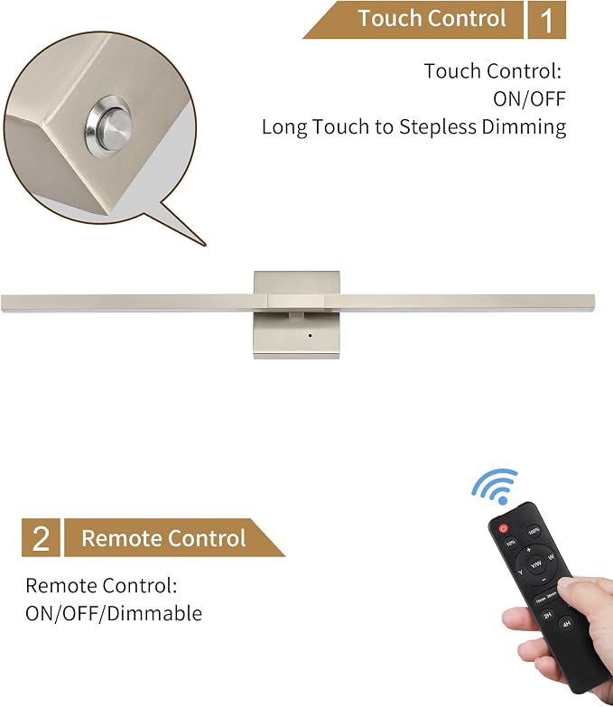 Rayogale Nickel Battery Operated Wall Sconces Set of 2, 24 Inch | 3000/4500/6000K Dimmable 8000mAh Wireless Rechargeable Wall Sconces with Remote Control, Timer for Living Room, Bedroom