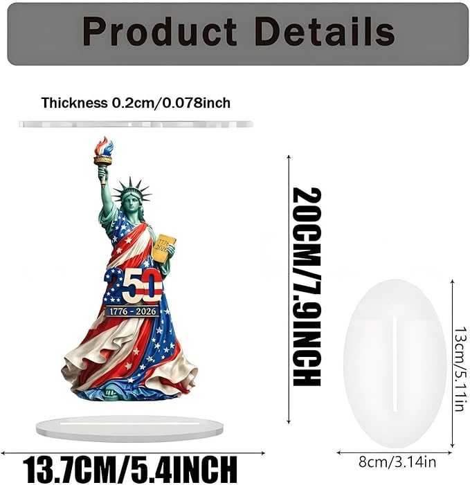 4th of July Decorations Gifts 2D Acrylic Statue of Liberty Shaped Tabletop Sign Designs 250th Anniversary Statue 1776-2026 Patriotic Desk Plaque for Living Room Book Shelf Cabinets Table Ornaments