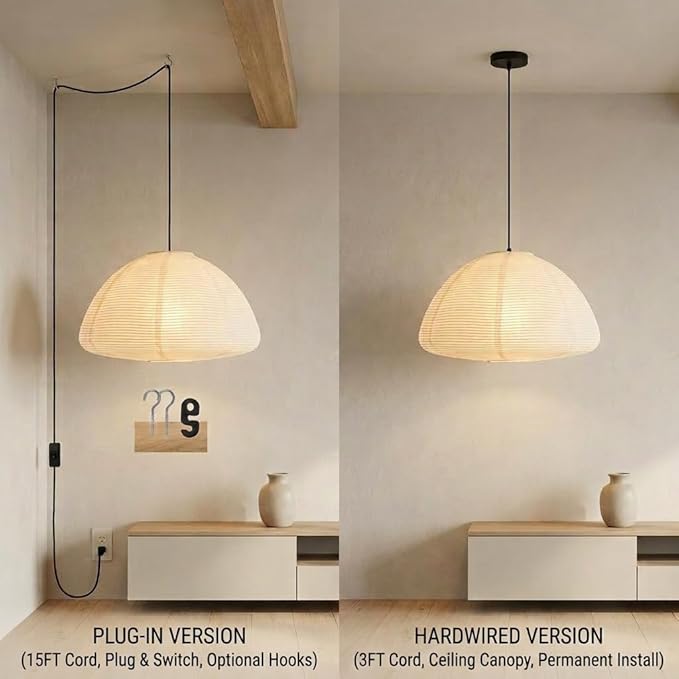 Nogy Rice Paper Lantern Lamp • Paper Lantern with Light - Ambient Lighting with Rice Paper Lamp Shade, Perfect for Home Decor, Easy Installation (Hardwired)