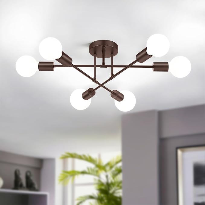 Modern Sputnik Chandelier Ceiling Light Fixture 6-Light, Brown | Bedroom Sputnik Ceiling Light Fixture for Living Room, Dining Room, Kitchen, Office, Foyer, Hallway - E26 Base