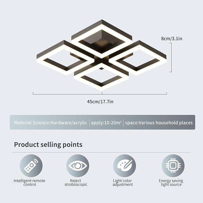 GEADI Modern Black LED Ceiling Light, 17.7" Dimmable Flush Mount Fixture | 52W 4-Square Geometric Ceiling Lamp with Remote, 3000K-6500K Dimming, Low Profile for Bedroom, Kitchen, Living Room