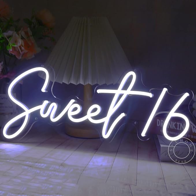 SYLHOME Sweet 16 LED Neon Light Sign 17"X7.3" Sweet Girls Adults Bedroom Happy 16th Birthday Party Wall Decor Beautiful Bestie Sister USB Cold White