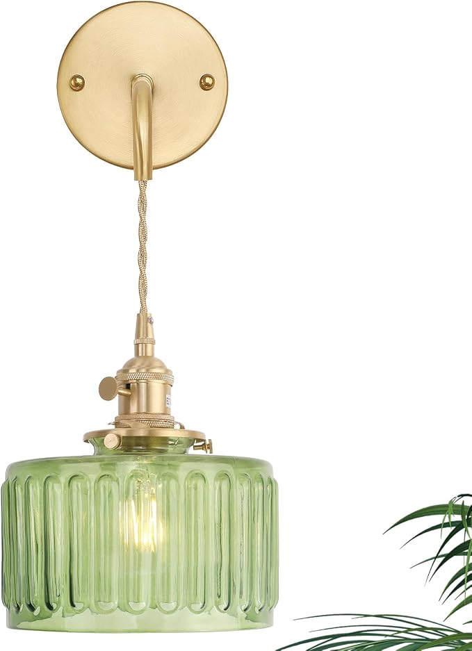 Shenmoyl Vintage Wall Sconce Wall Lamp with Green Striped Shade Pattern Glass Adjustable Chain Retro Gold Wall Mounted Light, Modern Wall Lamp Fixtures Decor for Bedside Bedroom Indoor Doorway