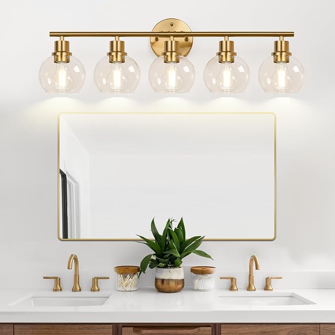 Indoi 5-Light Bathroom Light Fixture, Modern Brushed Gold Bathroom Lights Over Mirror with Clear Glass Globe Shades, Vanity Lighting Fixtures for Kitchen, Living Room, Hallway, Bedroom, Porch