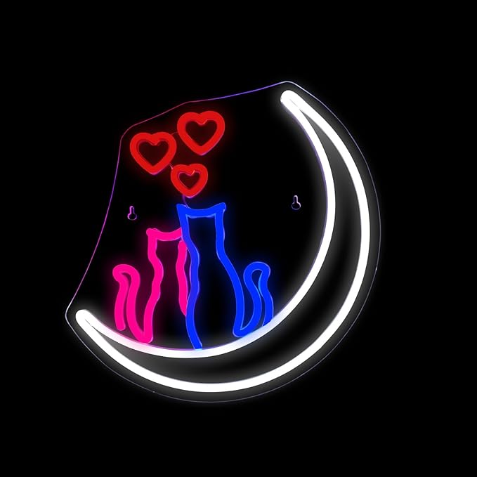 Two Cats on Moon Neon Sign Christmas Cat Cute Couple Kittys Neon Lights for Wall Decor,Kawaii Animal 3D LED Neon,USB Light Up Signs for Girls Bedroom Bar Home Party Valentine's Day Cat Lovers Weddings
