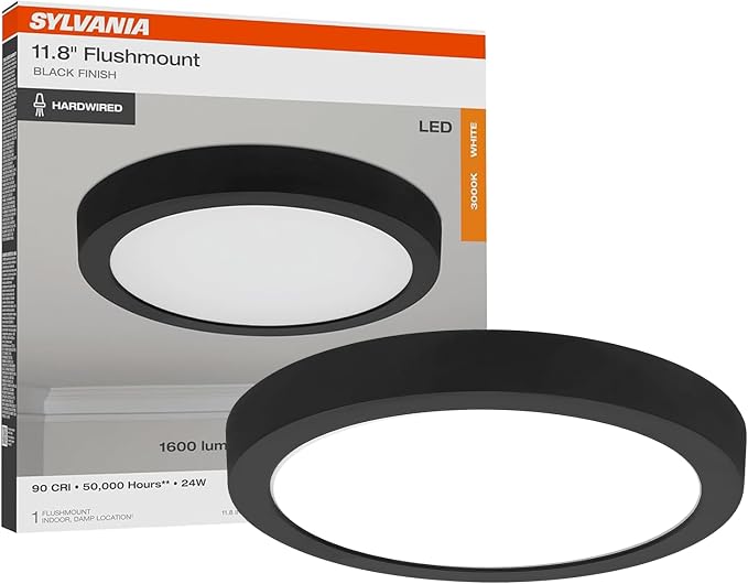 Sylvania 12" LED Flush Mount Ceiling Light Fixture, 24W, 1600 LMS, Hardwired, 3000K, Warm White, Black, LED Lights for Bedroom Kitchen Hallway Porch - 1 Pack (66459)