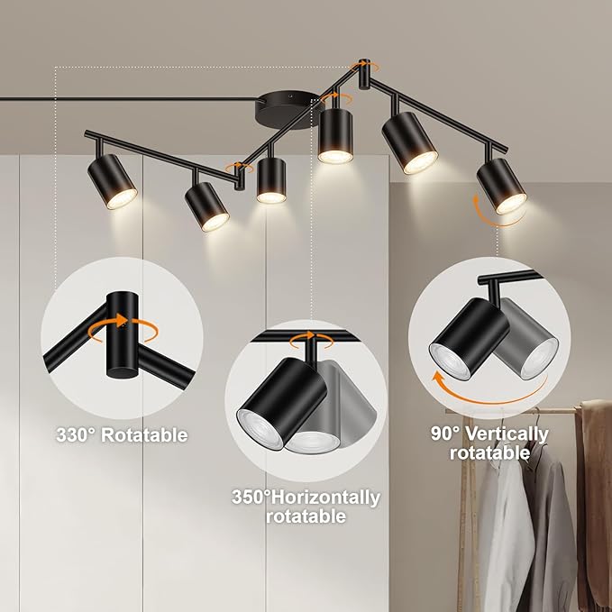 Plug in Track Lighting LED, Track Lighting Fixtures Ceiling, Black 6-Light Kitchen Light Kit, Plug in Wall Light with 14.8ft Power Cord, Rotatable Ceiling Spotlight for Bedroom(GU10 Socket, NO Bulb)