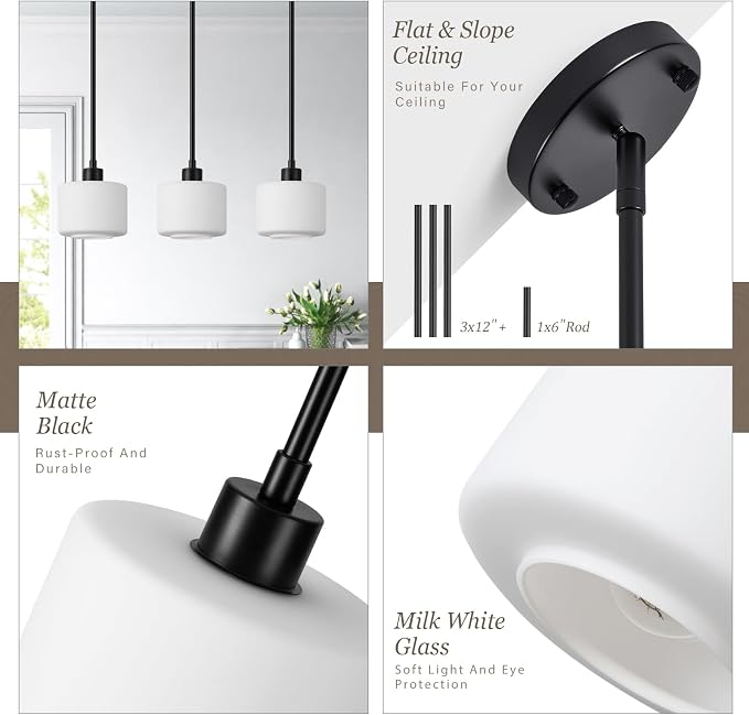 Black Pendant Lights Kitchen Island 2 Pack, Modern Milk Glass Hanging Light Fixtures with Rods, Mini Kitchen Pendant Lighting Over Island for Sink Bathroom, OS-YQ8153-2PBK