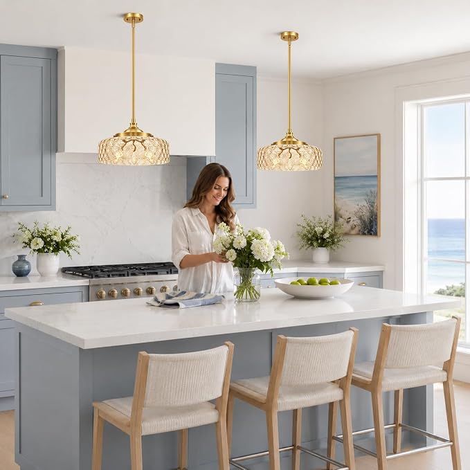 Gold 3-light Pendant Lights Kitchen Island with Hammered Glass over Sink | Height adjustable hanging light fixture kitchen, 90-degree swivel, 2-in-1 ceiling light and pendant light, E12 base,3 light