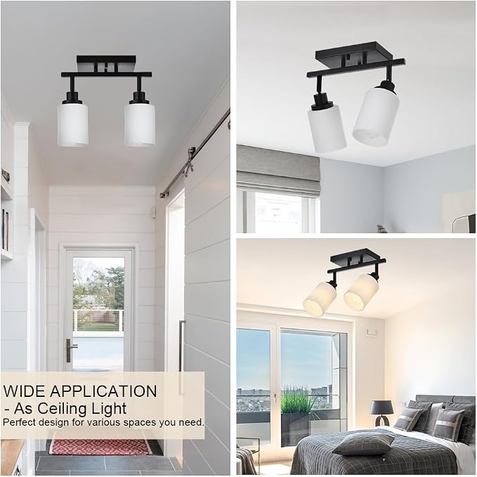 Wall Sconce Track Lighting Kit, 2-Lights Wall Mounted Light Fixtures in Black Finish, Ceiling Spotlight with Opal White Glass for Bedroom Cloakroom