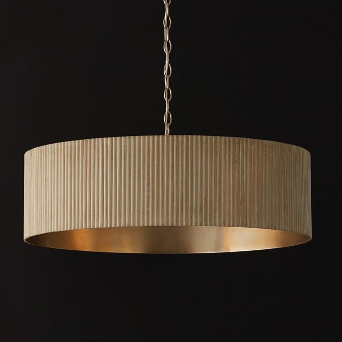 Capital Lighting 450741WS Donovan Mid-Century Modern Artisan Luxe Fluted Mango Wood Drum Chandelier, 4-Light 400 Total Watts, 11" H x 31" W, White Wash and Matte Brass