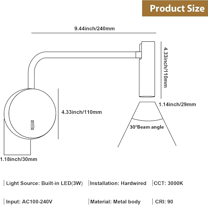 ZEROUNO Wall Mounted Reading Light for Bedroom, Hardwired Sconces with Switch LED 3000K Bedside Reading Lamp (Bronze)