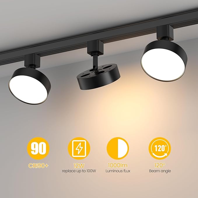 Diffuse LED Track Lighting Heads H Type, 12 Pack Black | Dimmable Track Light Heads, Kitchen Ceiling Fixtures Compatible with H Track Rails, Flicker Free CRI90+ 3000K 12W 1000lm