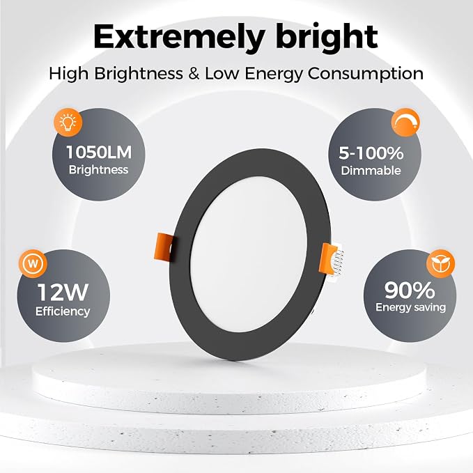 CHARKEE 24 Pack 6 Inch Ultra-Thin 5CCT LED Recessed Ceiling Light,Canless | 1050LM,2700K-5000K Selectable,12W Eqv 110W,5%-100% Dimmable,Wafer Downlights with Junction Box,ETL & Energy Star & FCC,Black