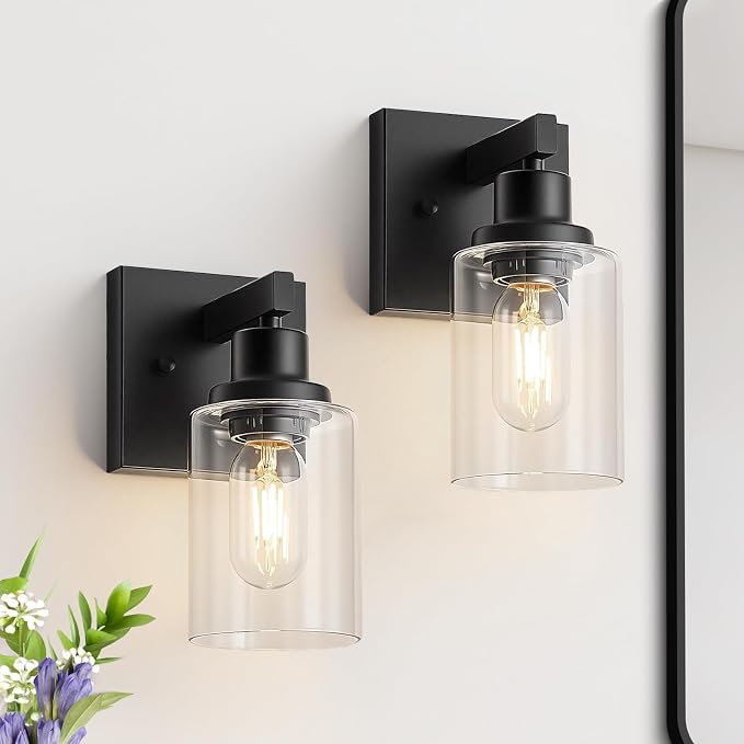 Set of 2 Wall Sconces for Bathroom, Black Bathroom Vanity Light,Modern Wall Sconces Indoor with Clear Glass,Farmhouse Wall Lamp for Bedroom Living Room Mirror Hallway