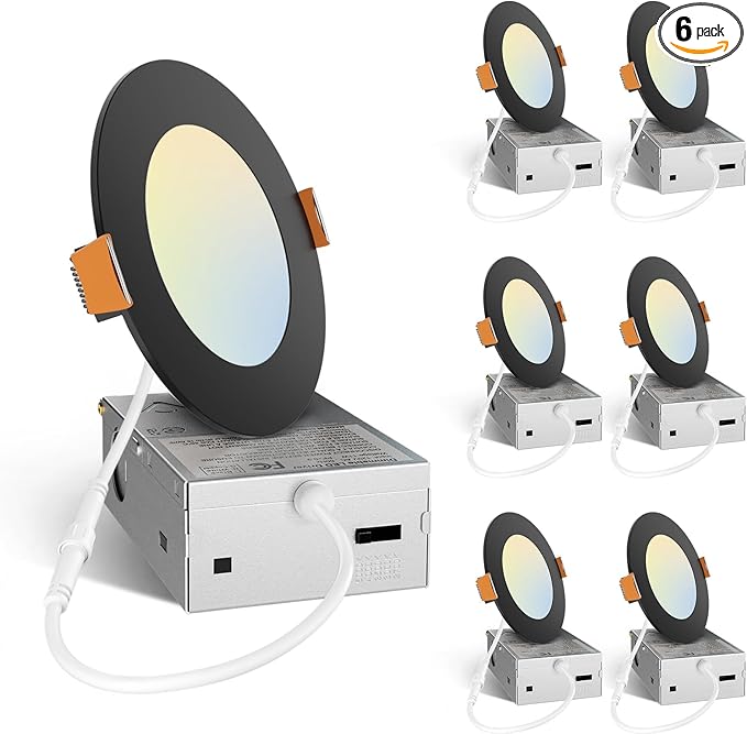 Amico 6 Pack 4 Inch 5CCT Ultra-Thin LED Recessed Ceiling Light with Junction Box, 2700K/3000K/3500K/4000K/5000K Selectable, 11W Eqv 70W, Dimmable Canless Downlight, 800LM High Brightness,Black