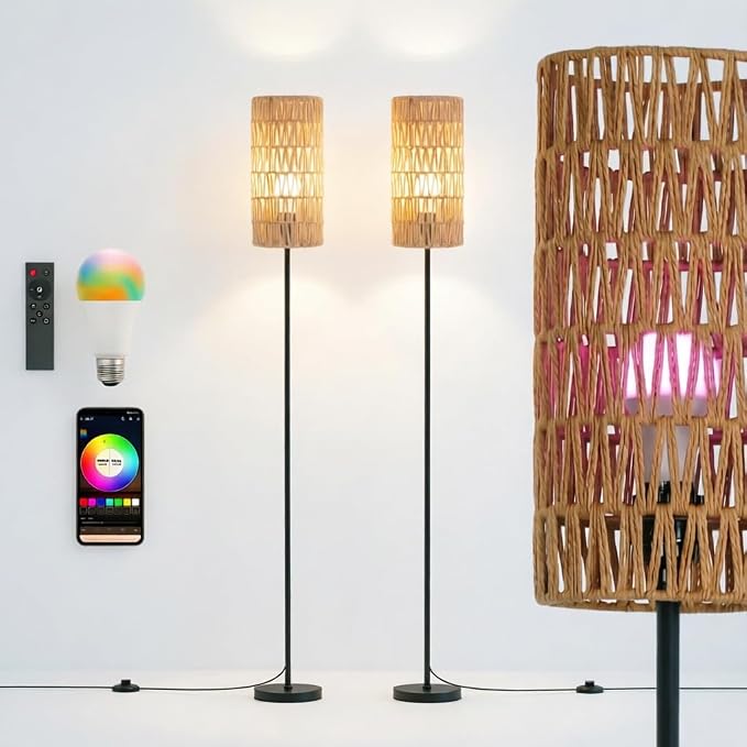 Ruiever 2 Pack Smart Floor Lamp for Living Room,Gaming - Remote, Timer Floor lamp with Remote, APP Control & RGB Standing lamp with Hand-Worked Rattan Shade Bluetooth Bulb Included